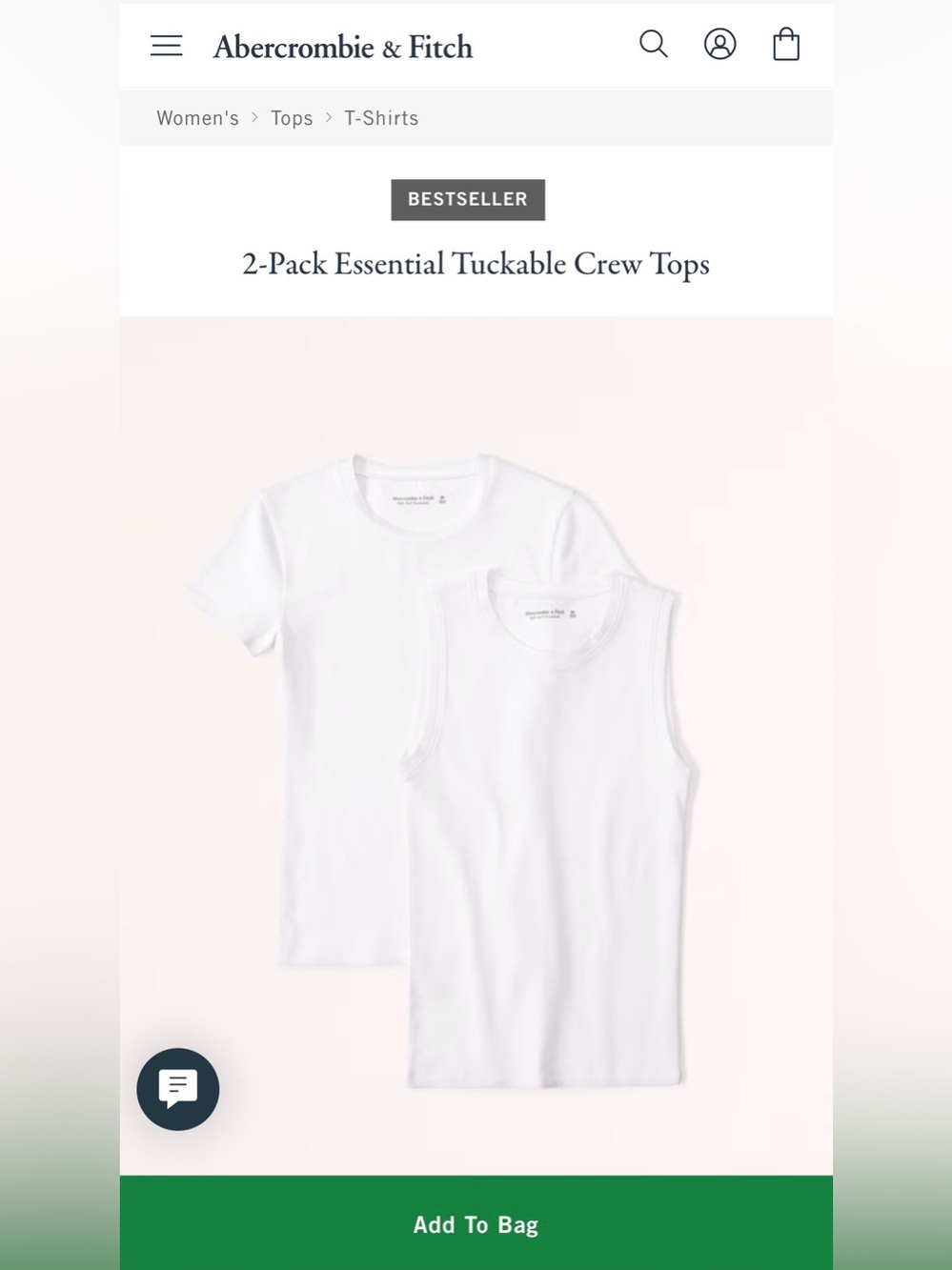 Abercrombie Women’s 2-Pack Essential Tuckable Crew Tops White Size S Brand New